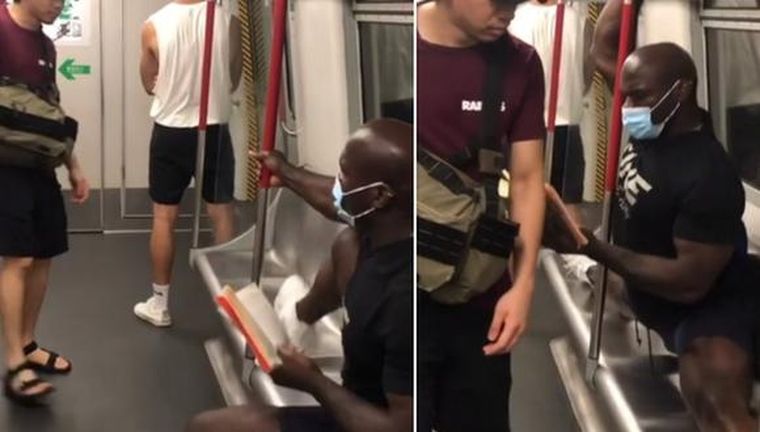 El peleador hizo un split y anuló el asiento del subte.