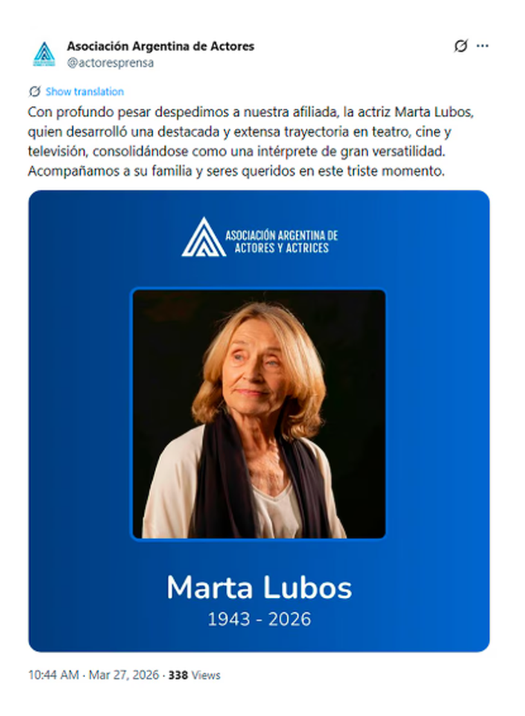 La Asociación Argentina de Actores despidió con honores a la intérprete fallecida a los 82 años. La Asociación Argentina de Actores despidió con honores a la intérprete fallecida a los 82 años.