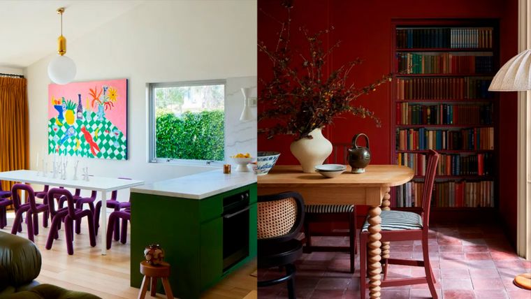 Diseño de interiores con toques divertidos (izq) y el color rojo cereza (der), en las tendencias de Pinterest para la decoración del hogar en 2025. Foto: Estudio Keeta /Ye Rin Mok y Little Greene
