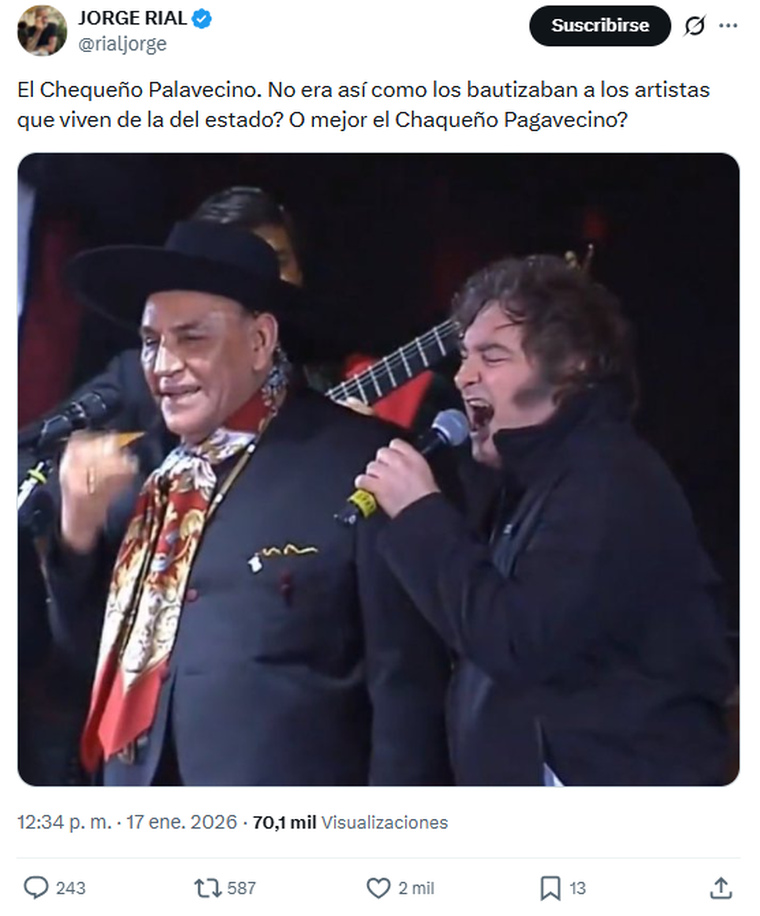 El posteo de Jorge Rial tras el show del Chaqueño Palavecino con Javier Milei. El posteo de Jorge Rial tras el show del Chaqueño Palavecino con Javier Milei.