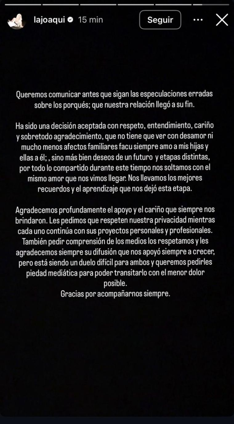 El comunicado de La Joaqui en Instagram. El comunicado de La Joaqui en Instagram.
