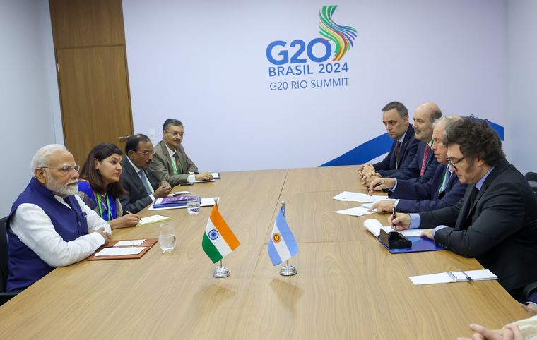 La reunión bilateral que mantuvo el presidente Javier Milei con su par indio, Narendra Modi, en el G20 de Río de Janeiro en noviembre de 2024. La reunión bilateral que mantuvo el presidente Javier Milei con su par indio, Narendra Modi, en el G20 de Río de Janeiro en noviembre de 2024.