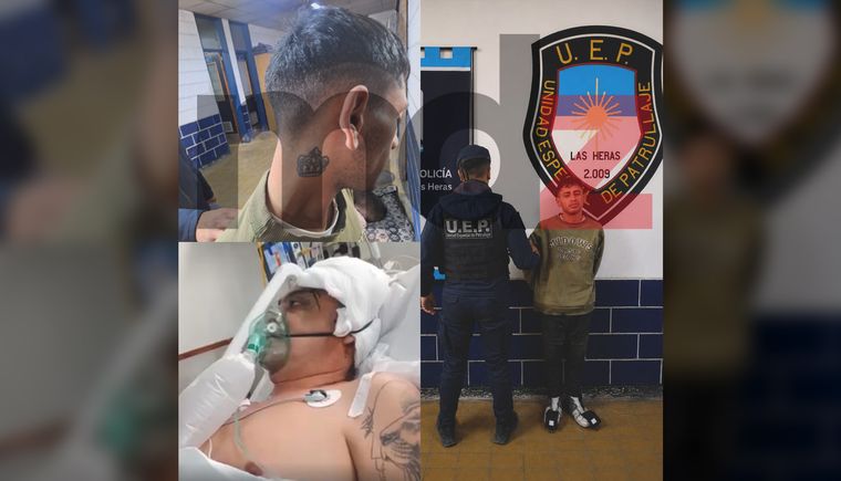 Claudio Barrera tras ser detenido por la brutal golpiza que casi dejó sin vida a Fernando Huinca (abajo a la izquierda).&nbsp;
