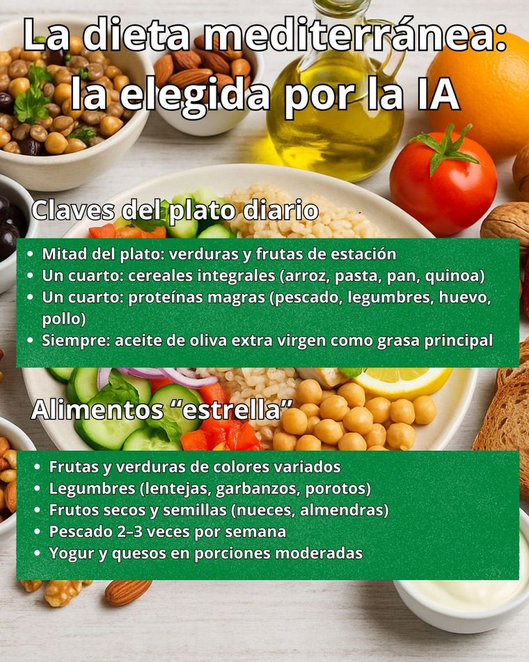 Frutas, verduras, aceite de oliva, frutos secos y pescado son la base de la dieta mediterránea, el estilo de alimentación que la IA considera ideal para vivir mejor. Frutas, verduras, aceite de oliva, frutos secos y pescado son la base de la dieta mediterránea, el estilo de alimentación que la IA considera ideal para vivir mejor.