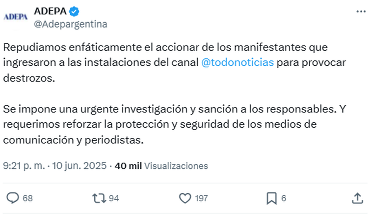 El comunicado de la Asociación de Entidades Periodísticas Argentinas. Foto: captura de pantalla X/ @Adepargentina. El comunicado de la Asociación de Entidades Periodísticas Argentinas. Foto: captura de pantalla X/ @Adepargentina. 