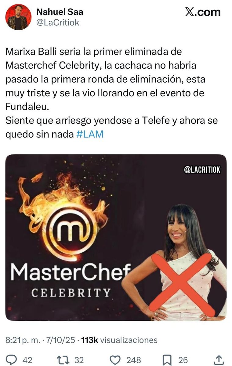 El periodista comentó que Marixa Balli habría quedado fuera del reality culinario. El periodista comentó que Marixa Balli habría quedado fuera del reality culinario.