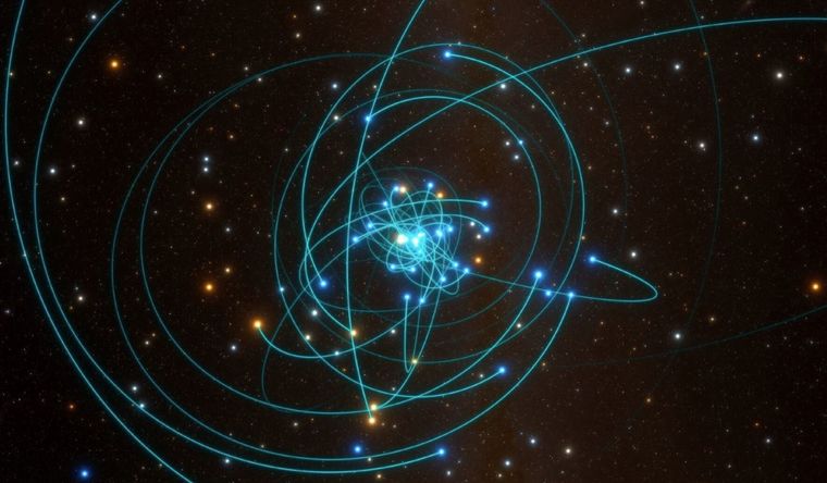 Esta ilustración muestra las órbitas de estrellas muy cercanas a Sagitario A estrella, un agujero negro supermasivo en el corazón de la Vía Láctea. Foto: Dpa.