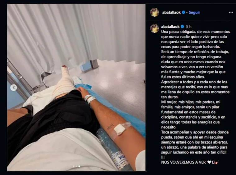 El posteo de Augusto Batalla tras sufrir una grave lesi&oacute;n que lo alejar&aacute; de las canchas hasta fin de a&ntilde;o.