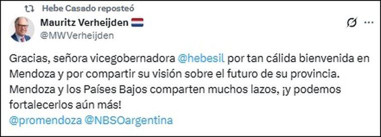 La respuesta del embajador de los Países Bajos al posteo de Hebe Casado. La respuesta del embajador de los Países Bajos al posteo de Hebe Casado.