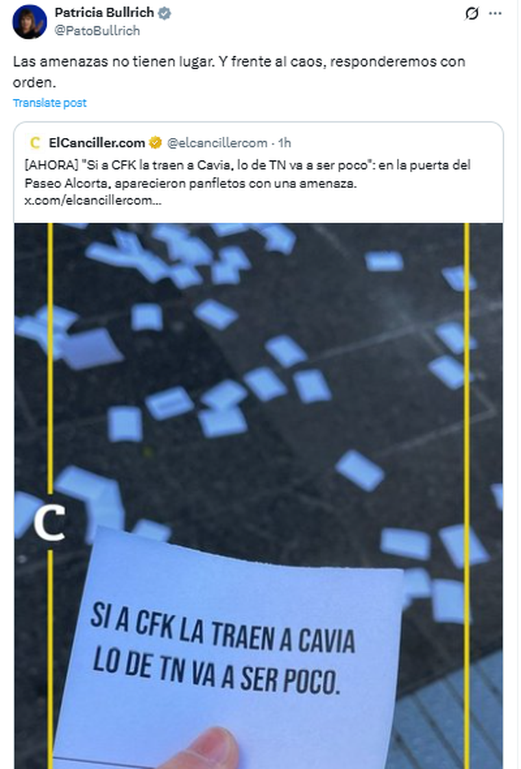 Bullrich respondió a las amenazas de militantes kirchneristas.