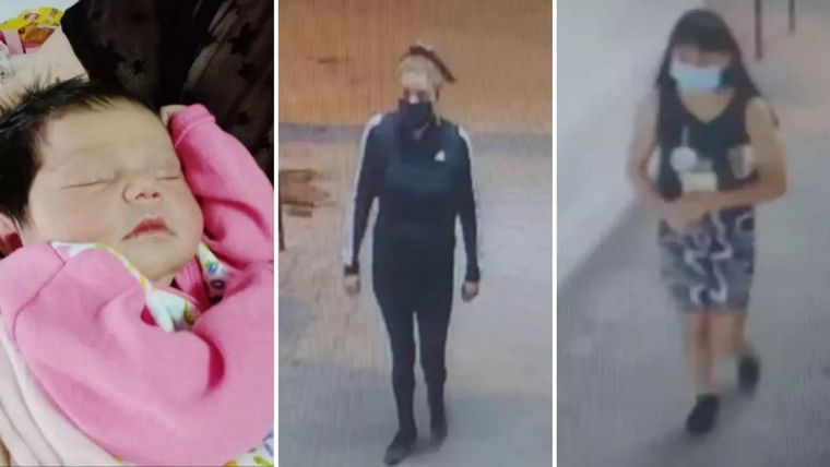 La beba recuperada e imágenes de las cámaras de seguridad de las presuntas ladronas Foto: La Opinión Austral