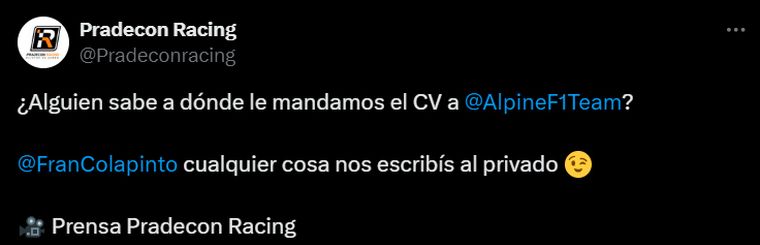 El picante mensaje de Pradecon a Alpine. El picante mensaje de Pradecon a Alpine.