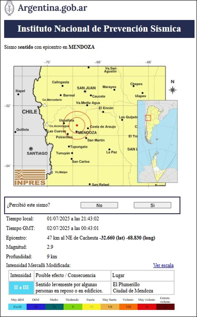 Los datos del sismo proporcionados por el Inpres Los datos del sismo proporcionados por el Inpres