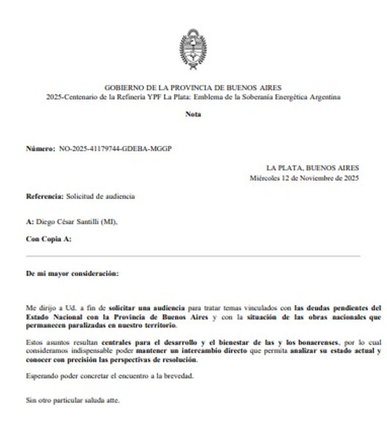 El documento donde la provincia de Buenos Aires solicitó la reunión con Diego Santilli, flamante ministro del Interior. Foto: X El documento donde la provincia de Buenos Aires solicitó la reunión con Diego Santilli, flamante ministro del Interior. Foto: X