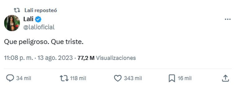 El retuit de Lali Espósito tras la condena a Cristina Kirchner. Foto: captura de pantalla X/ @lalioficial. El retuit de Lali Espósito tras la condena a Cristina Kirchner. Foto: captura de pantalla X/ @lalioficial.
