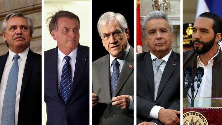 Mandatarios: Fernández, Bolsonaro, Piñera, Moreno y Bukele. Foto: Reuters