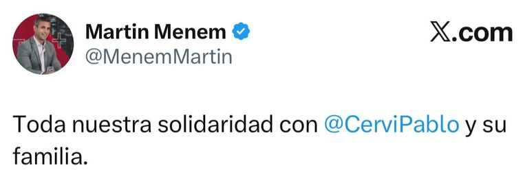 Martín Menem repudió el ataque a Pablo Cervi Martín Menem repudió el ataque a Pablo Cervi