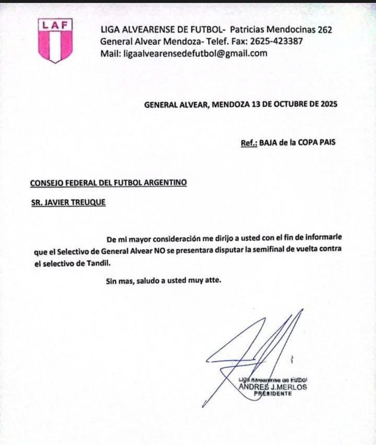 El comunicado que sacó la Liga Alvearense pero que, supuestamente, no llegó al Consejo Federal. El comunicado que sacó la Liga Alvearense pero que, supuestamente, no llegó al Consejo Federal.