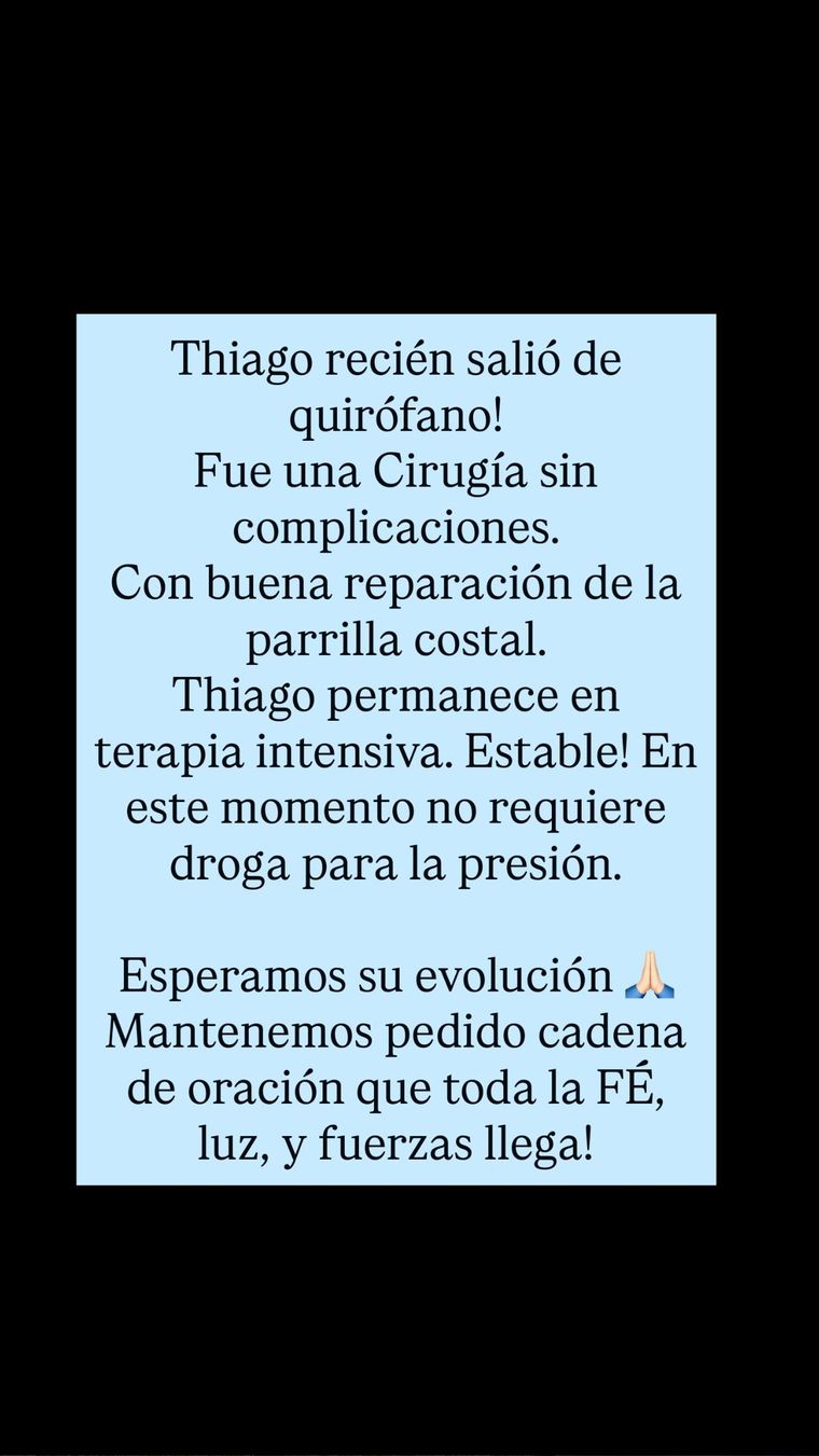 Thiago Medina sigue en terapia intensiva. Thiago Medina sigue en terapia intensiva.