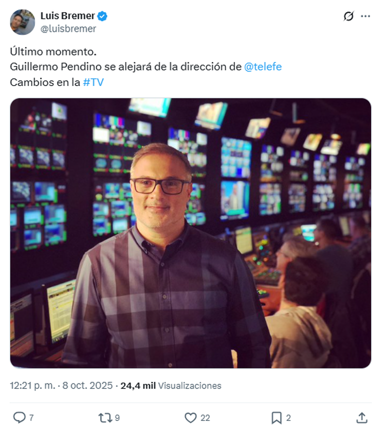 Luis Bremer confirmó la salida de Guillermo Pendino, directivo de Telefe. Foto: captura de pantalla X/ @luisbremer. Luis Bremer confirmó la salida de Guillermo Pendino, directivo de Telefe. Foto: captura de pantalla X/ @luisbremer.