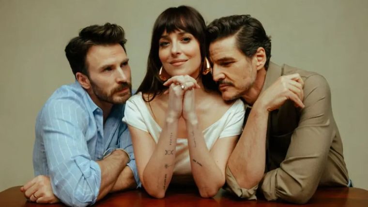 Elenco: Chris Evans, Dakota Jhonson y Pedro Pascal. Elenco: Chris Evans, Dakota Jhonson y Pedro Pascal.