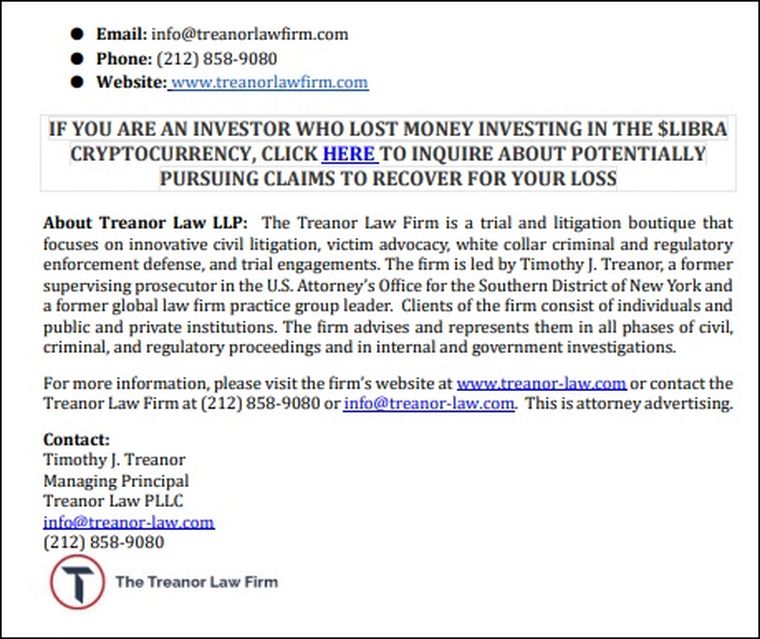 El comunicado del estudio Treanor por el caso $LIBRA El comunicado del estudio Treanor por el caso $LIBRA