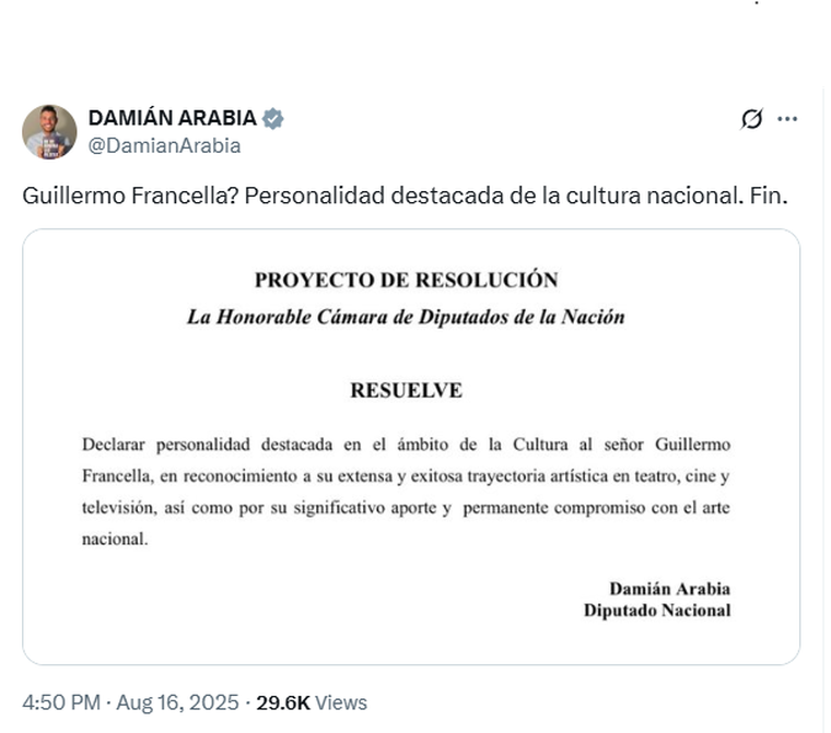 El diputado Damián Arabia busca declarara personalidad destacada a Francella, a partir del estallido de Homo Argentum. El diputado Damián Arabia busca declarara personalidad destacada a Francella, a partir del estallido de Homo Argentum.
