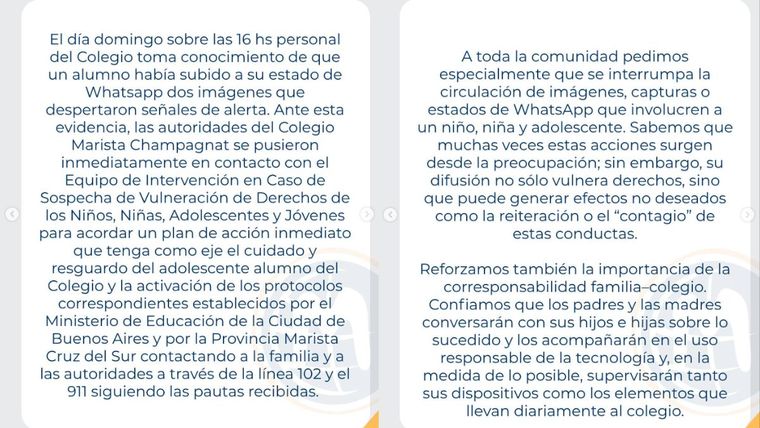 Comunicado oficial del colegio Marista Champagnat. Comunicado oficial del colegio Marista Champagnat.