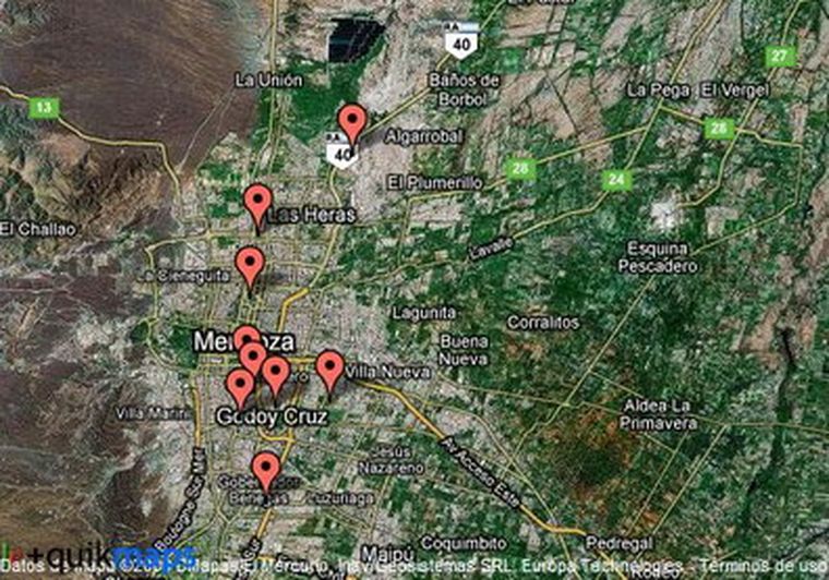 En rojo, los lugares donde se produjeron los hechos. Foto: Captura pantalla Google Maps