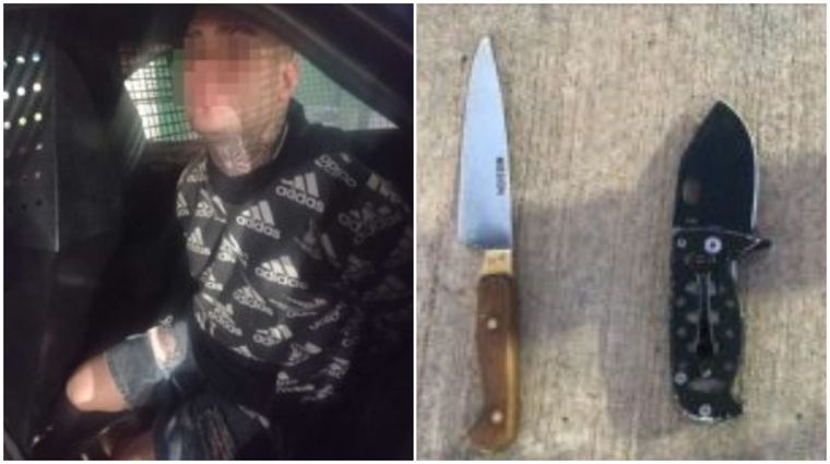 El sujeto detenido y las armas blancas incautadas. El sujeto detenido y las armas blancas incautadas.