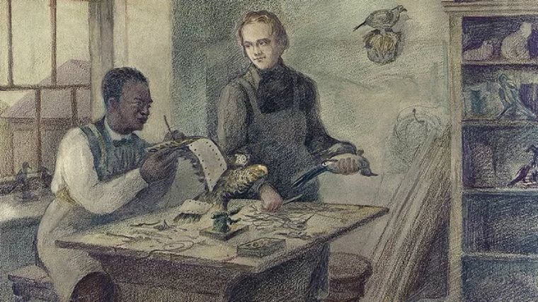 En el taller de un taxidermista (John Edmonstone y Charles Darwin preparando pájaros). Artista: Viktor Yevstafiev. Foto: ©MUSEO ESTATAL DARWIN, MOSCÚ