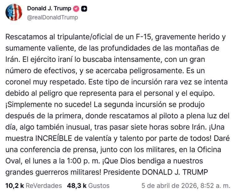 El posteo de Donald Trump en el que anunció la conferencia de prensa que brindará este lunes 6 de abril. El posteo de Donald Trump en el que anunció la conferencia de prensa que brindará este lunes 6 de abril.
