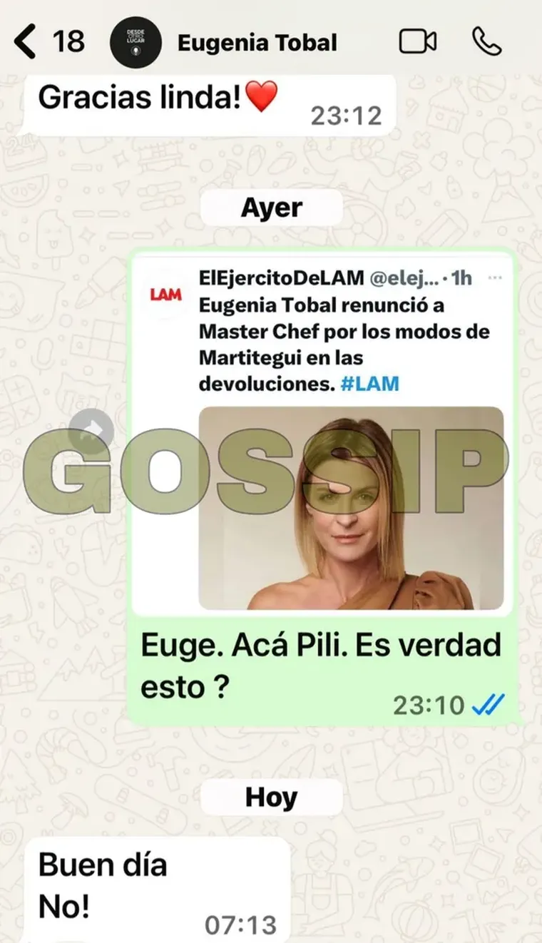La respuesta de Eugenia Tobal tras el escándalo en MasterChef. La respuesta de Eugenia Tobal tras el escándalo en MasterChef.