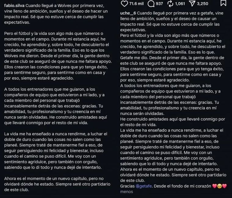 Las cartas idénticas de Fábio Silva y Christantus Uche en Instagram. Las cartas idénticas de Fábio Silva y Christantus Uche en Instagram.