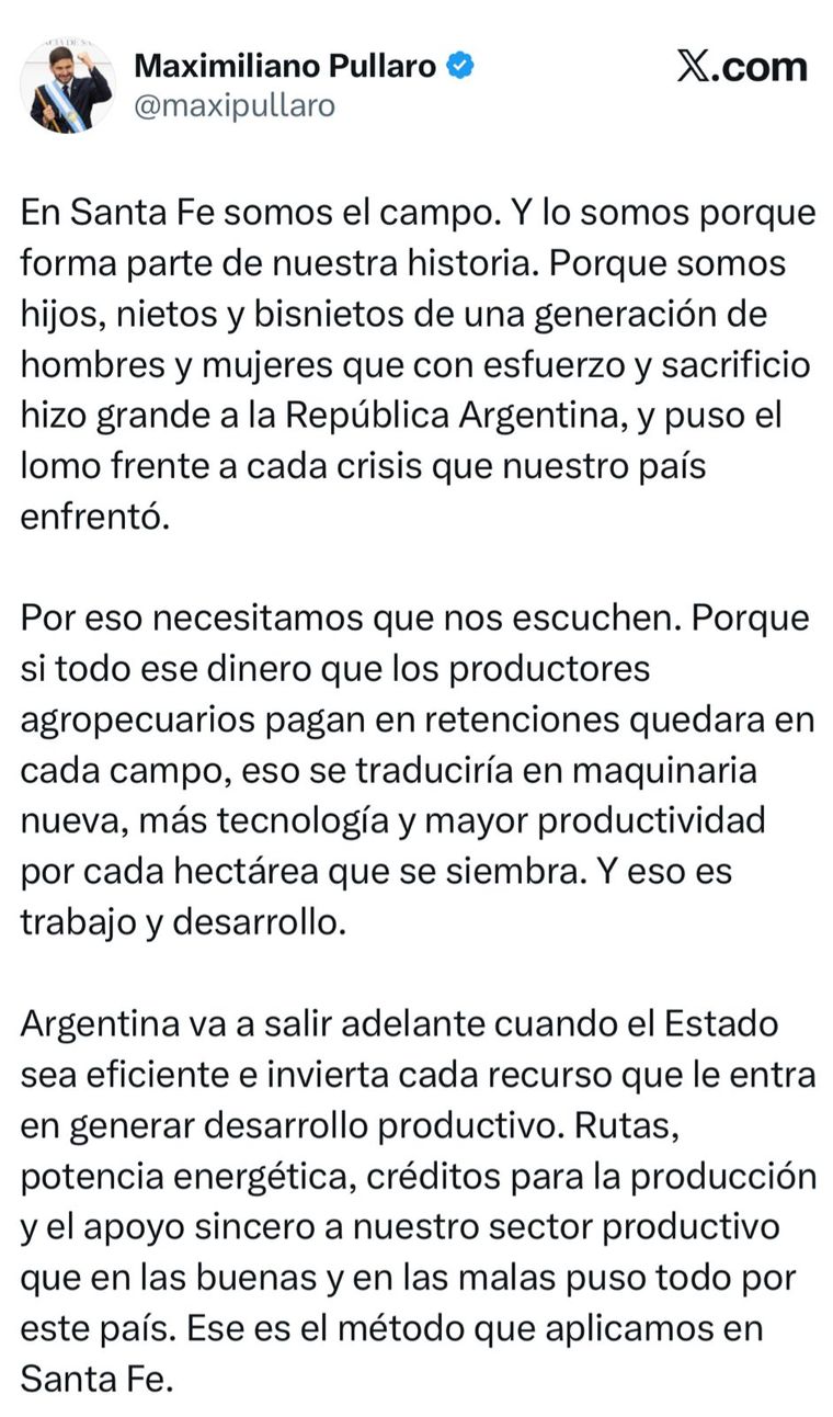 El mensaje de Maximiliano Pullaro respecto a la importancia del campo santafesino. El mensaje de Maximiliano Pullaro respecto a la importancia del campo santafesino.