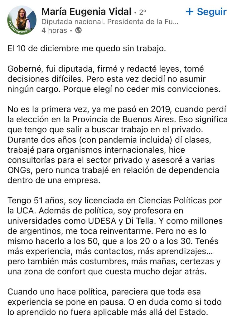 La exgobernadora María Eugenia Vidal comenzó su búsqueda laboral tras quedar afuera de las listas legislativas.