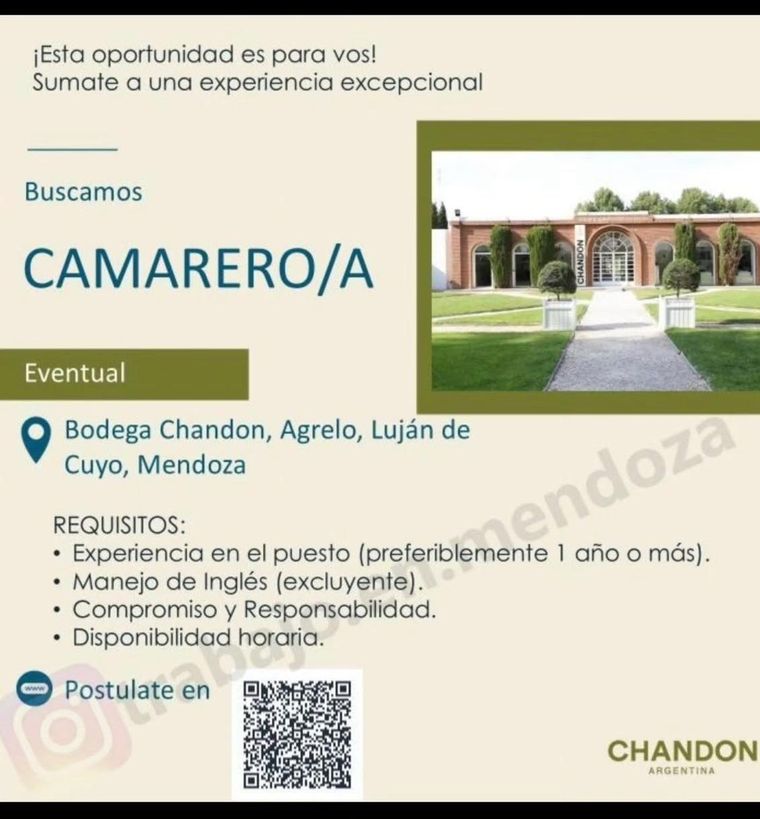 Las postulaciones para trabajar en Chandon se realizan de forma online, a través del portal Hiring Room. Foto: @trabajo.en.mendoza2 Las postulaciones para trabajar en Chandon se realizan de forma online, a través del portal Hiring Room. Foto: @trabajo.en.mendoza2