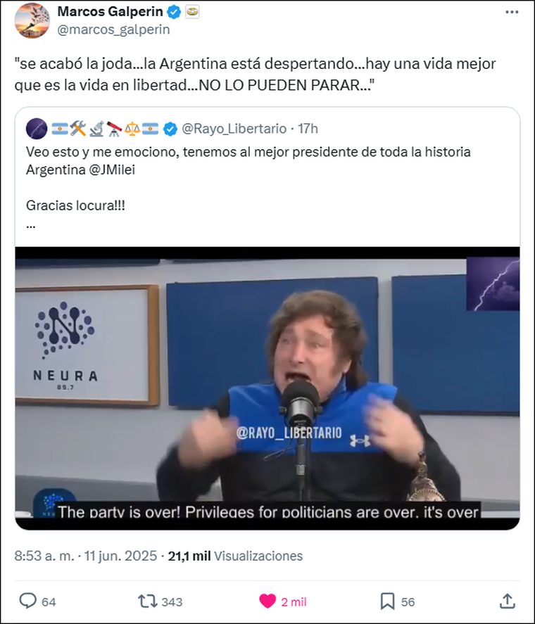 El posteo de Marcos Galperín. El posteo de Marcos Galperín.