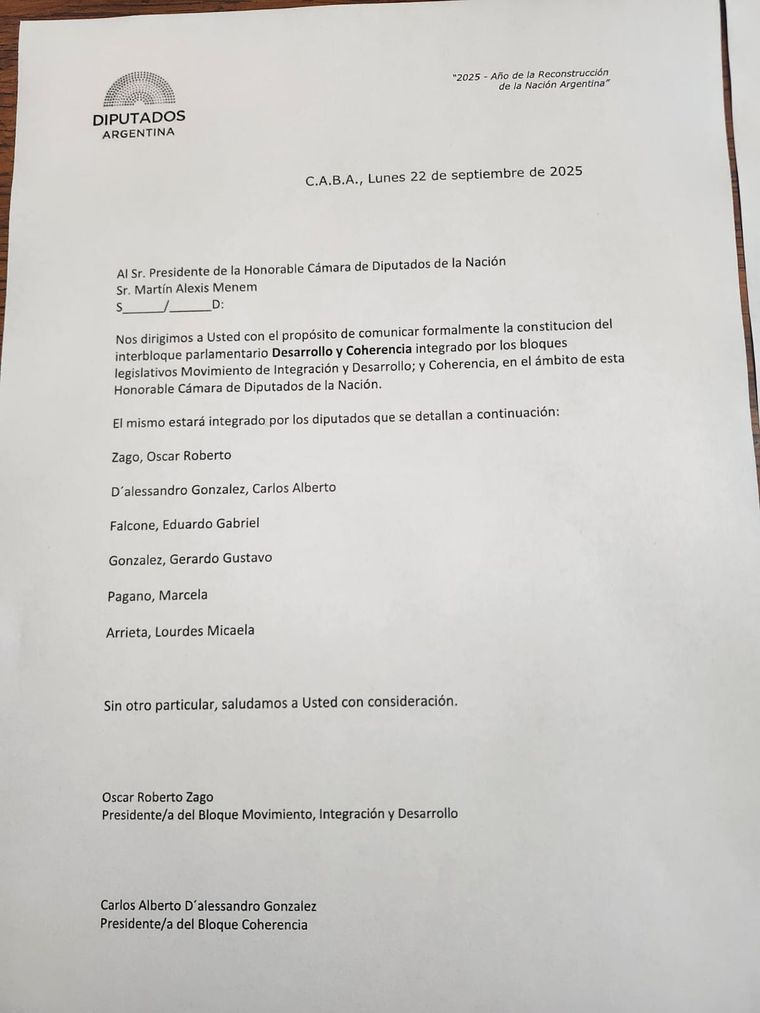 La carta de presentación del interbloque que hicieron estos seis diputados La carta de presentación del interbloque que hicieron estos seis diputados
