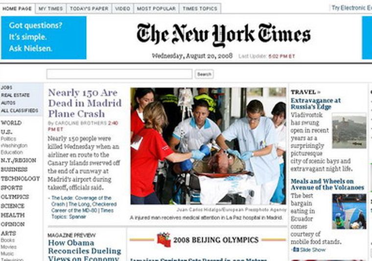 El diario New York Times lleva la tragedia de forma destacada. Foto: Web