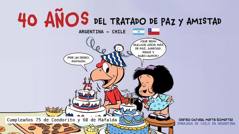 Condorito y Mafalda festejan similitudes a 40 años de la firma por el tratado de paz y amistad.