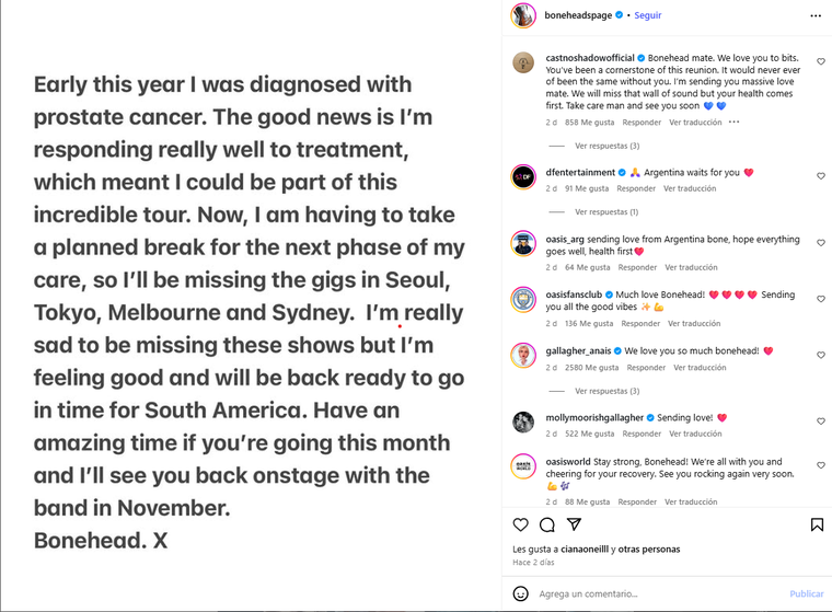 El integrante de Oasis y un momento difícil. Créditos: Instagram / boneheadspage El integrante de Oasis y un momento difícil. Créditos: Instagram / boneheadspage