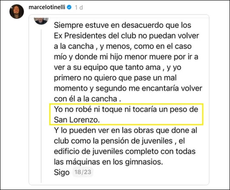 Parte del extenso descargo de Marcelo Tinelli.