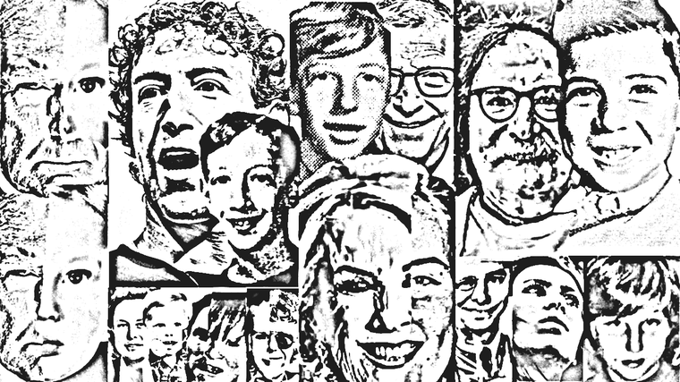 En dibujo, una mezcla de los rostros actuales y de su respectiva infancia o juventud&nbsp; de personalidades como Donald Trump, Bill Gates, Mark Zuckerberg, Charly García, Mirtha Legrand y el papa León XIV, entre otros.&nbsp;