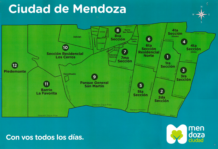 El mapa de la Ciudad de Mendoza y sus secciones. El mapa de la Ciudad de Mendoza y sus secciones.