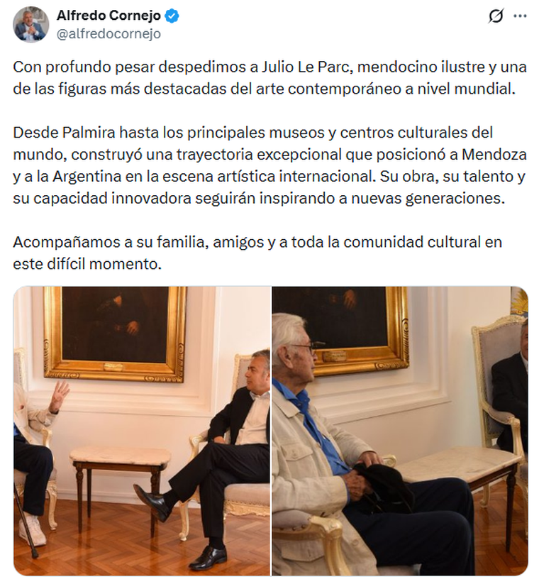 La despedida de Alfredo Cornejo a Julio Le Parc en redes. La despedida de Alfredo Cornejo a Julio Le Parc en redes.