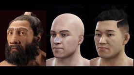 El primer rostro es la reconstrucción de un neandertal, hecha por John Gurche y exhibida en la Institución Smithsonian. El segundo y el tercero son hombres modernos, uno europeo y otro del este de Asia. El primer rostro es la reconstrucción de un neandertal, hecha por John Gurche y exhibida en la Institución Smithsonian. El segundo y el tercero son hombres modernos, uno europeo y otro del este de Asia.