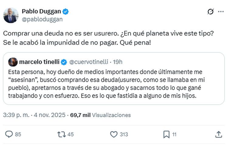  Pablo Duggan contra Marcelo Tinelli. Foto: captura de pantalla X / @pabloduggan. Pablo Duggan contra Marcelo Tinelli. Foto: captura de pantalla X / @pabloduggan. 