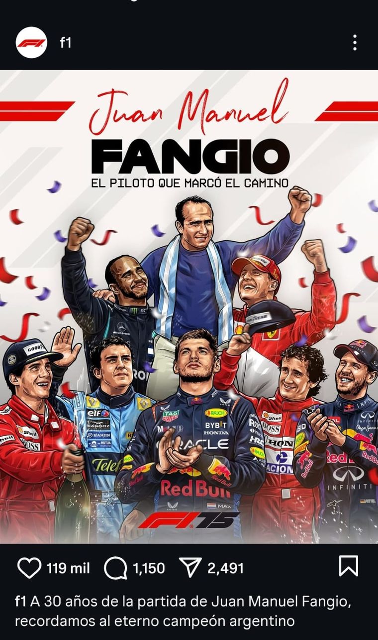 El posteo de la cuenta oficial de la Fórmula 1 en honor a Juan Manuel Fangio.
