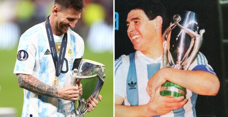 Maradona y Messi, unidos por el mismo festejo en la Selección argentina.
